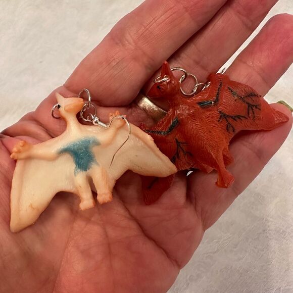 Earrings Pierced Dinosaur Silver Dangly Exaggerated Handmade Costume Jewelry - Picture 4 of 10